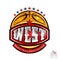 Basketball ball with text west conference on red baner. Vector sport logo isolated on white