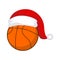 Basketball in cap Santa Claus. Sports New Year and Christmas