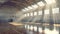 Basketball court in a vacant school gym, illuminated by sunlight from above. Spacious gym. Concept of scholastic sports