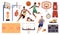 Basketball elements. Cartoon sport objects and group of players in uniforms and sneakers, playing field, ball, basket