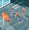 Basketball field. Sport club active game players in action poses orange ball on court or floor vector isometric