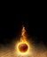 basketball on fire, a dark background on a hardwood gym floor