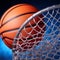 Basketball flies through basketball net on blue background, closeup, basketball is a world popular sport invented in America, AI