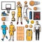 Basketball game icons, players and sport items