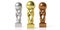 Basketball golden, silver and bronze trophies isolated on white background. 3d illustration
