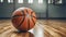 Basketball on hardwood court floor ball - close up with copy space