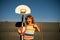Basketball kids training game. Portrait of sporty happy child, thumbs up.