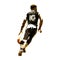 Basketball player in black jersey running and dribbling ball