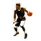 Basketball player in black jersey running and dribbling with ball, polygonal vector illustration. Rear view