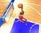 Basketball player jumping high.