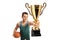 Basketball player showing a gold trophy