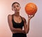 Basketball portrait, sports athlete and woman ready for workout challenge, practice game or fitness competition