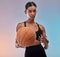 Basketball portrait, sports fitness and woman ready for workout challenge, practice game or studio competition