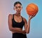 Basketball portrait, sports and studio woman ready for workout challenge, practice game or fitness competition