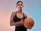 Basketball portrait, sports workout and woman ready for studio challenge, practice game or fitness competition