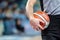 Basketball referee with official orange ball