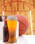 Basketball Six Pack and Glass of Beer and Court