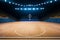 Basketball sport arena. Interior view to wooden floor of basketball court. Two basketball hoops side view. Digital 3D illustration