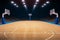 Basketball sport arena. Interior view to wooden floor of basketball court. Two basketball hoops side view. Digital 3D illustration