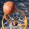 Basketball sports, black man and top view of dunk at basketball court, training game or match. Fitness, energy jump and