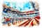 Basketball stadium watercolor illustration. Neural network AI generated