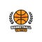 Basketball united community club logo icon symbol with world map inside basketball ball and wreath decoration