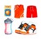 Basketball watercolor set. Shorts and T-shirt, uniforms, trainers and a sports water bottle.