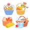 Baskets with food for family picnic set, hampers for dishes, wooden or wicker boxes