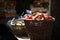 Baskets full of fresh oranges and pomelos are displayed in a market