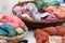 Baskets of hand dyed artisan wool yarn