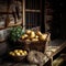 Baskets overflowing with potatoes on a wooden bench in a rural setting. AI-generated.