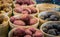 Baskets of potatoes at a farmers market