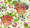 Baskets with various berries on floral background. Watercolor food seamless pattern with summer fruits in forest or