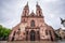 Basler Munster or Basel Minster Cathedral facade view a red wall church in Basel Switzerland