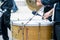 bass drum band musician walking in the street