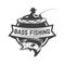 Bass fishing camp. Emblem template with fisherman. Design element for logo, label, sign, poster.