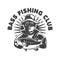 Bass fishing club. Emblem template with fisherman and perch. Design element for logo, label, sign, poster.