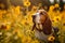 Basset dog sitting in meadow field surrounded by vibrant wildflowers and grass on sunny day AI Generated