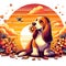 A basset hound dogbposing in cute , with a flower in his mouth, flower petals surrounded, sunset retro background, cartoon style