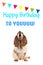 Basset hound looking up and singing text happy birthday to you on a birthday card