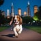 A Basset Hound is playing in a bustling urban park with kids laughing dogs running