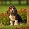 Basset Hound puppy sitting on the green meadow in summer green field. Portrait of a cute Basset Hound pup sitting on the grass