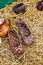 Bast shoes on the straw at the souvenir market. Traditional shoes in Russia