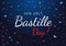 Bastille Day banner design with flying confetti on dark background. July 14, National Day of France