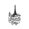 Bastille Day design.Drawn illustration of Eiffel Tower.French National Day background.14th July concept for card,poster.