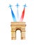 Bastille day. French National. Hand drawn watercolor illustration with Triumphal Arch and airplanes