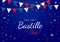Bastille day, July 14. Greeting banner or card template for French National Day with decorative flags and confetti
