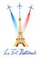 Bastille day. La Fete Nationale.Text `French National day`. Hand drawn watercolor illustration with Eiffel tower and airplanes