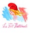 Bastille day. La Fete Nationale. Text `French National day`. Hand drawn watercolor illustration with Marianne and flag