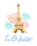 Bastille day. Le 14 Juillet. Text `14th of July`. French National day greeting card and poster design